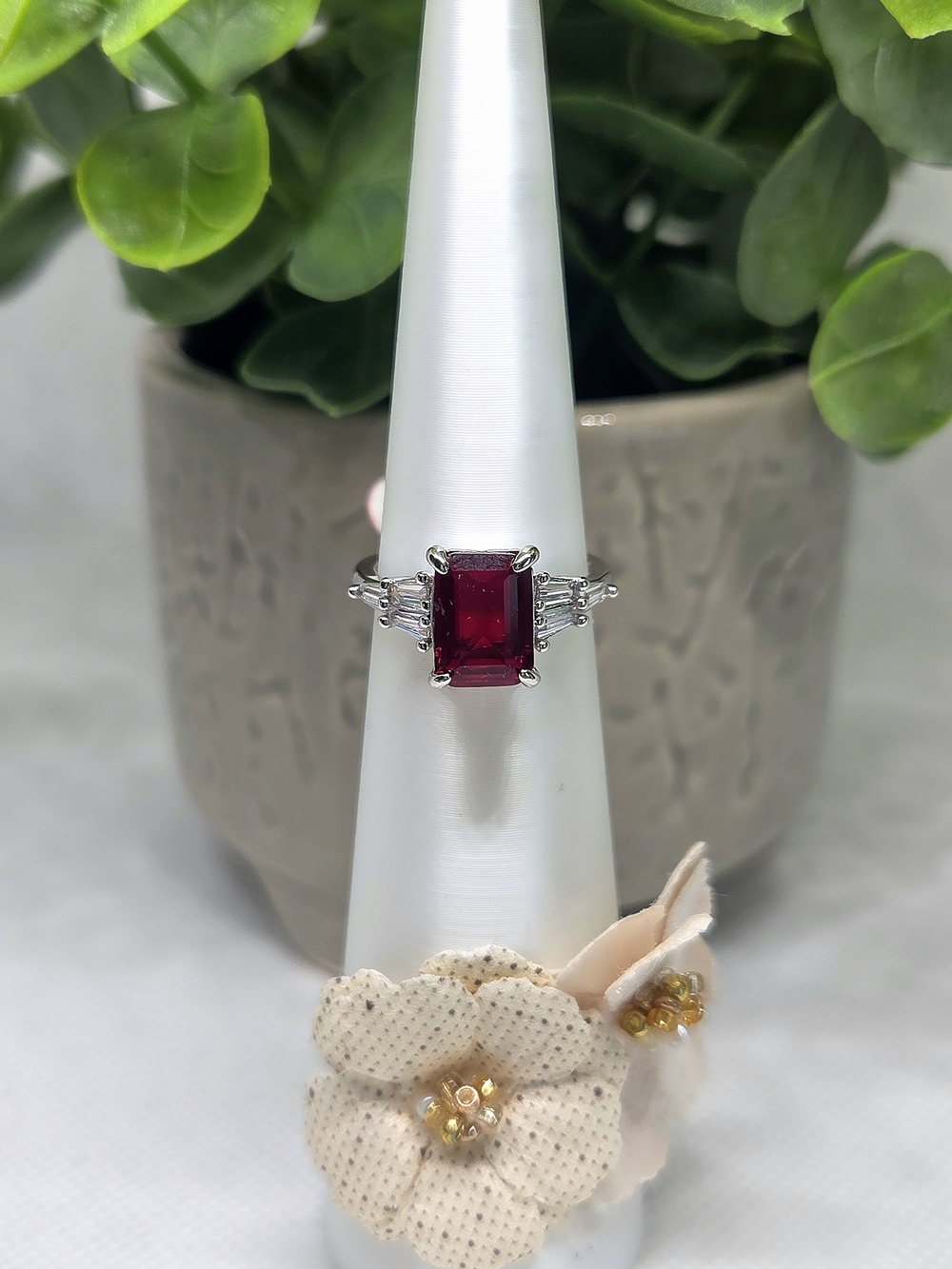 BP Elegant Silver Emerald-Cut Ruby CZ Ring